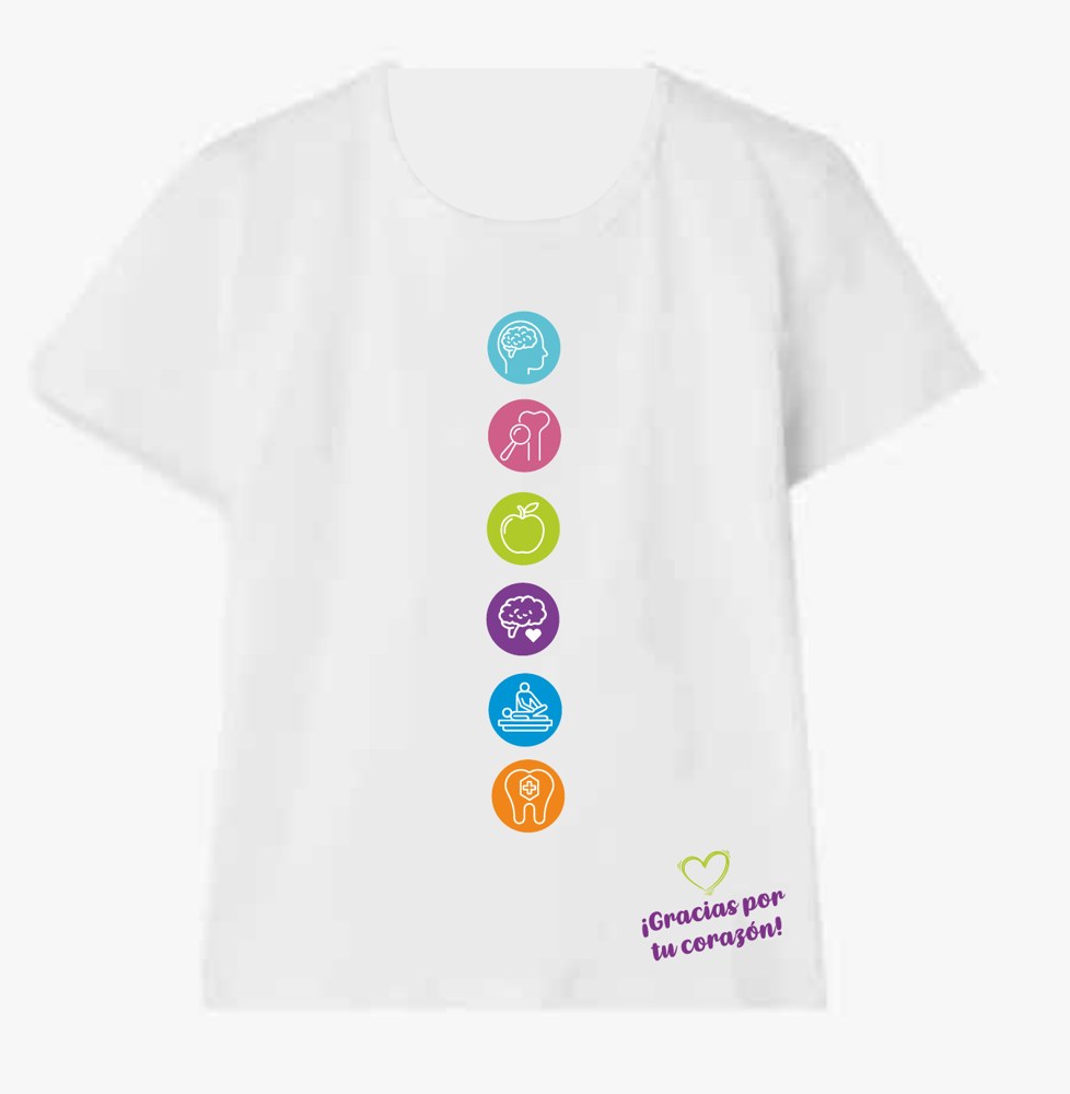 Espalda de la camiseta con los seis íconos de las especialidades y la frase Gracias por tu corazón